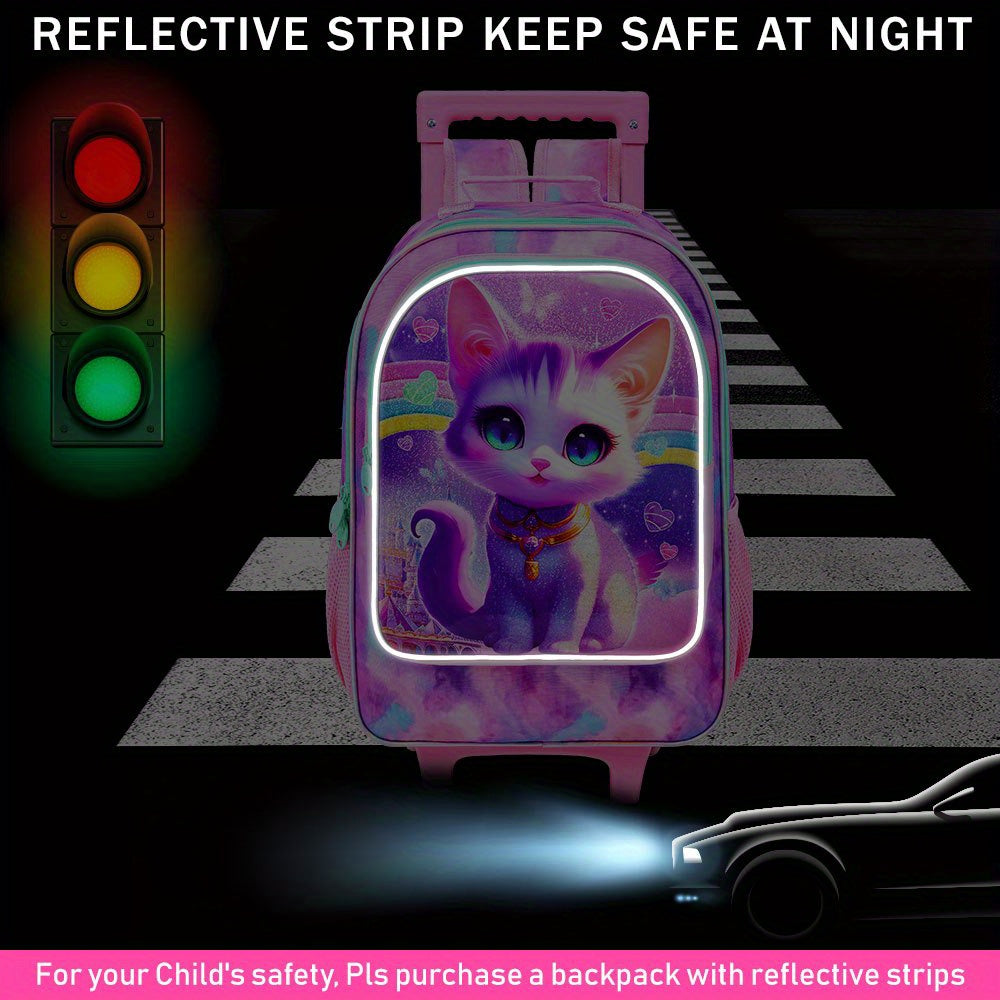3pcs Rolling Foldable Lightweight Backpack for Girls - Kids Roller Wheeled Bookbag with Lunch Box - Pink Cat Design