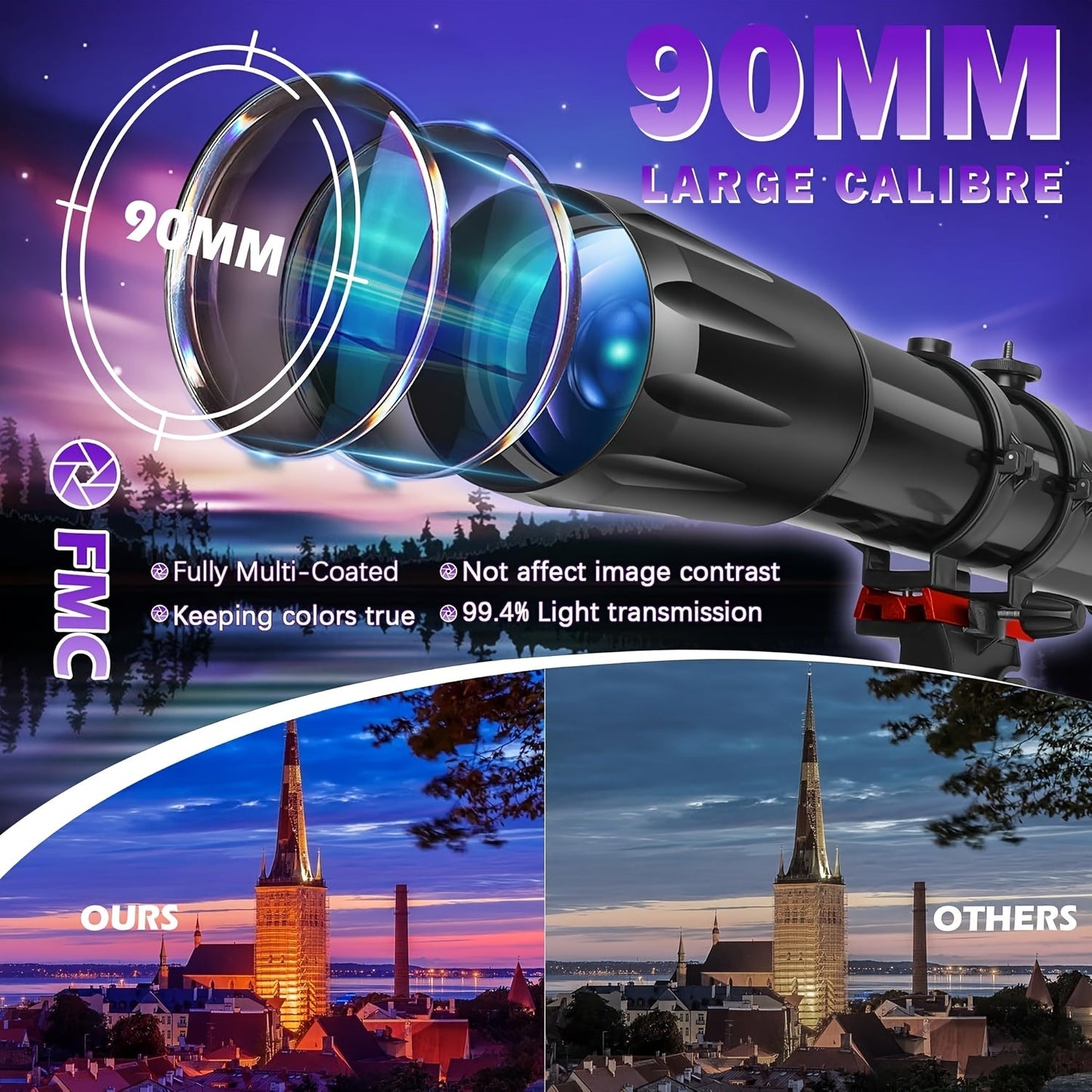 450x Magnification Refractor Telescope, 90mm Aperture with AZ Mount & Phone Holder - Ideal for Stargazing & Bird Watching - Perfect Gift