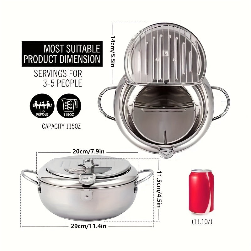 Stainless Steel Deep Fryer with Thermometer, Lid & Oil Drip Rack - Perfect for Home & Outdoor Cooking