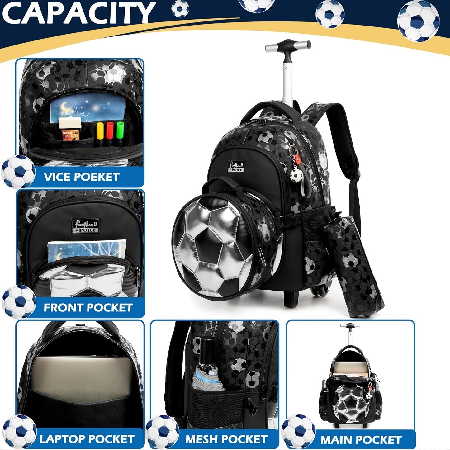 Durable Boys' Rolling Backpack with Cartoon Football Design and Adjustable Straps