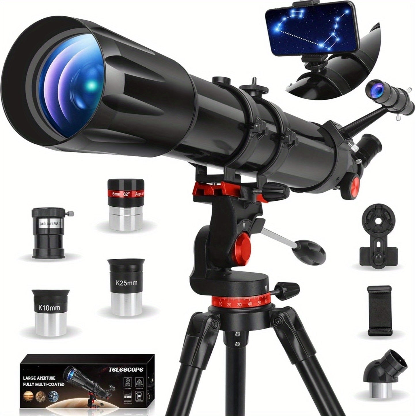 450x Magnification Refractor Telescope, 90mm Aperture with AZ Mount & Phone Holder - Ideal for Stargazing & Bird Watching - Perfect Gift