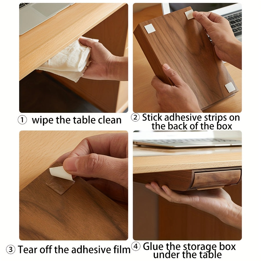 Walnut Bamboo Wood Under Desk Drawer Organizer - Self-Adhesive Slide-Out Pencil Holder