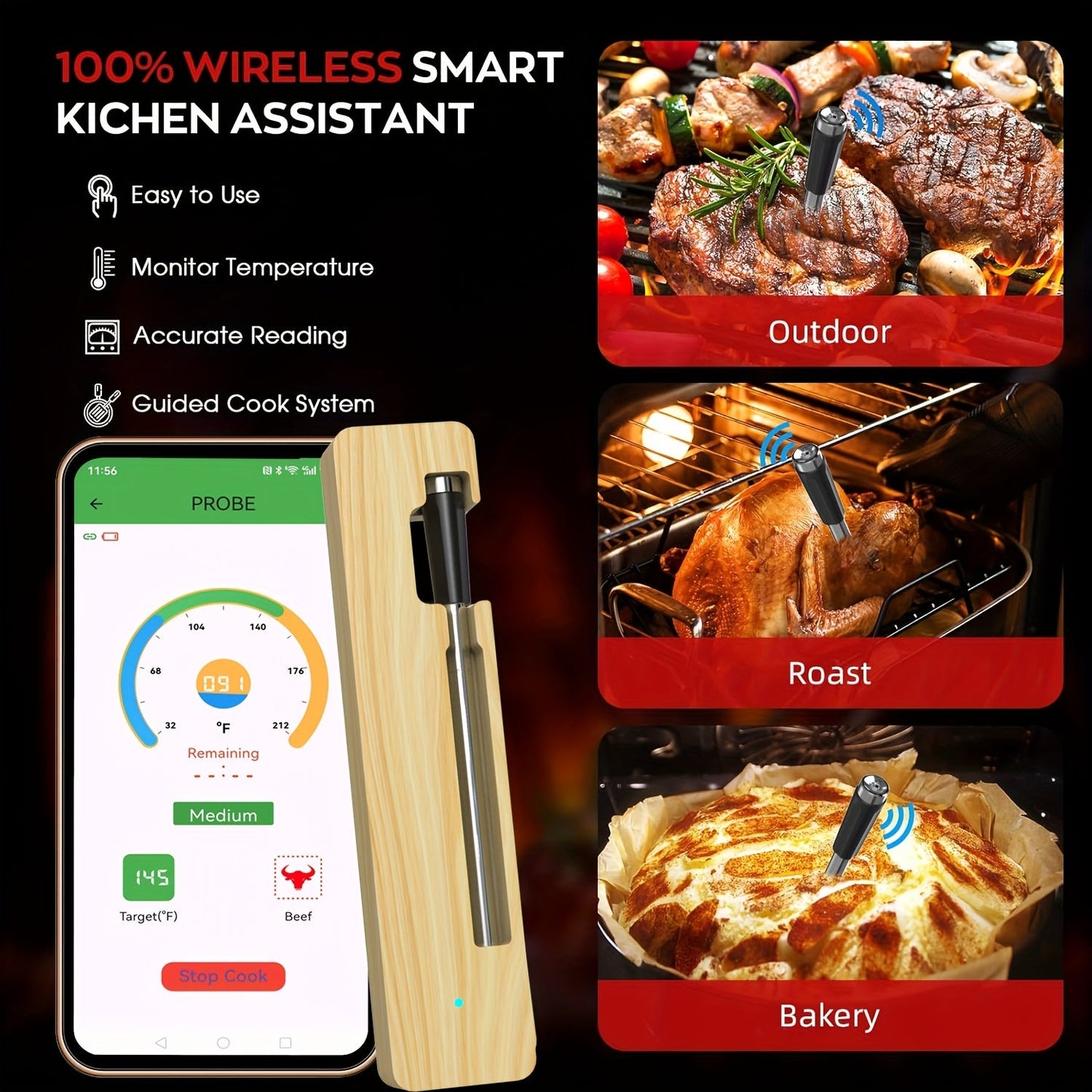 1pc Digital Meat Thermometer - USB Rechargeable, Stainless Steel