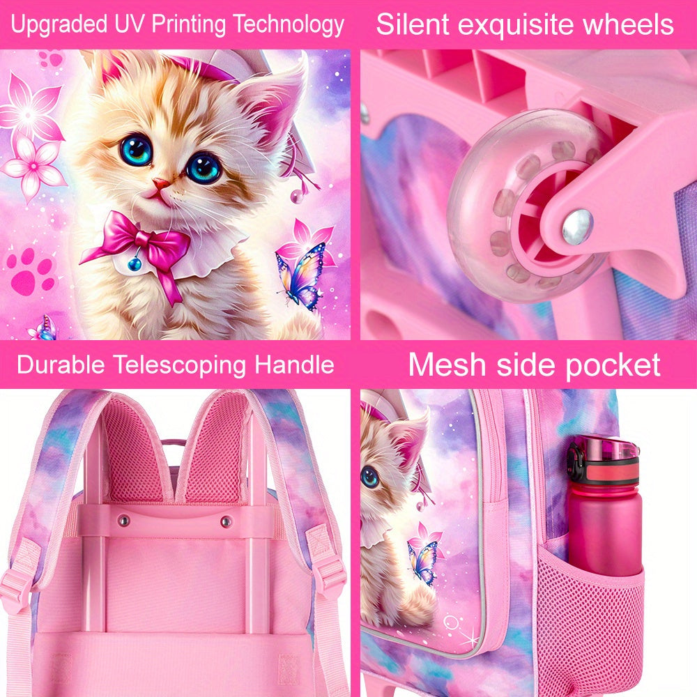 Cute Cat Rolling Backpack with Wheels for Girls - Perfect for School & Travel