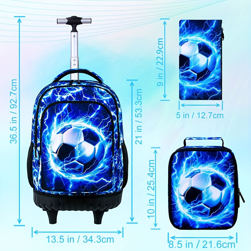 3pcs Rolling Backpack for Boys - 53.34 cm Football Roller School Bag with Lunch Bag