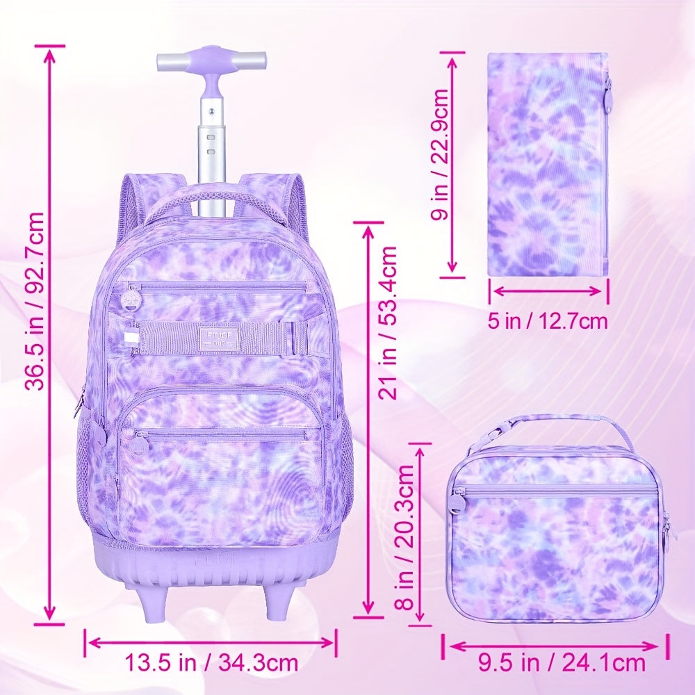 UFNDC Rolling Backpack for Girls & Women - Stylish Purple Tie-Dye Wheeled Bookbag with Lunch Bag