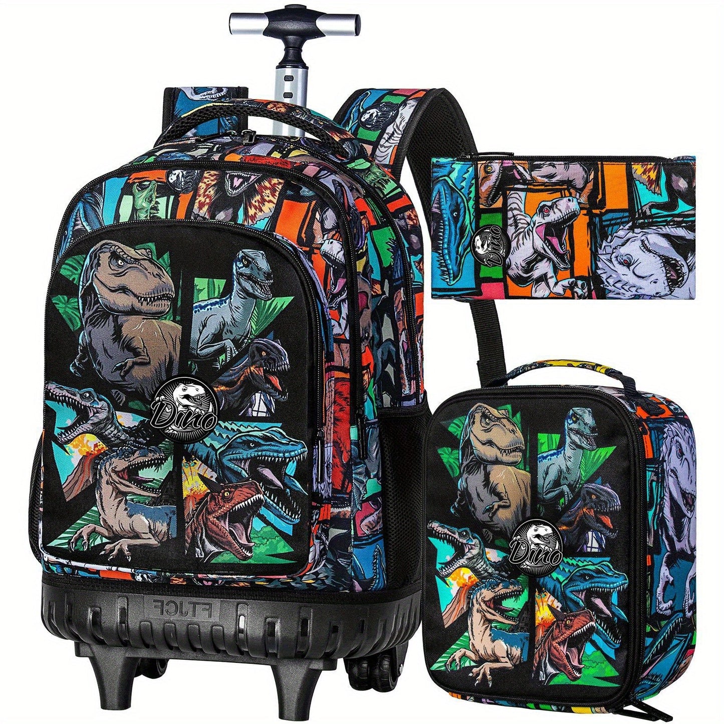 3pcs CCJPX Men's Dinosaur Backpack with Wheels - Large Capacity, Lightweight Travel Roller Bookbag for Commuting & Travel