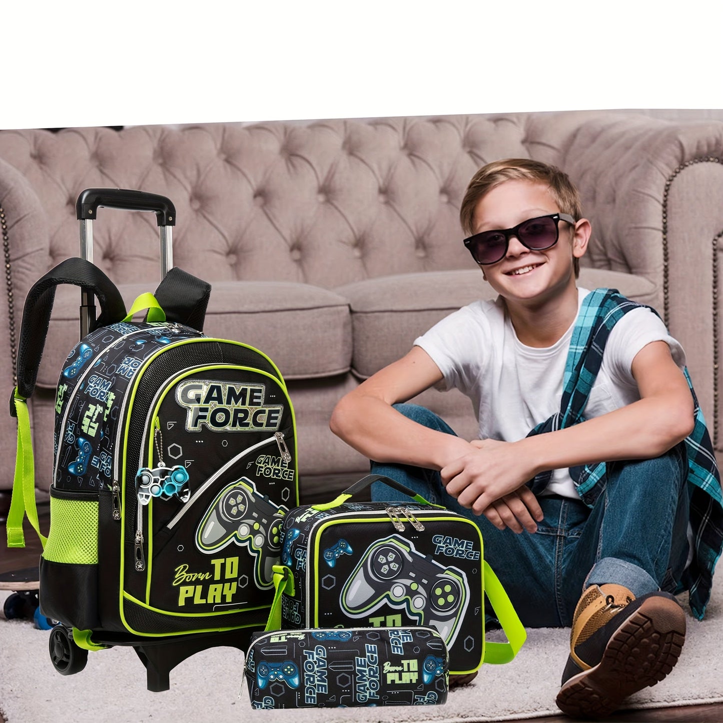 Boy's Rolling Backpack Set - 3pcs 16.5 Inch Kids Travel Luggage with Wheels for School & Travel