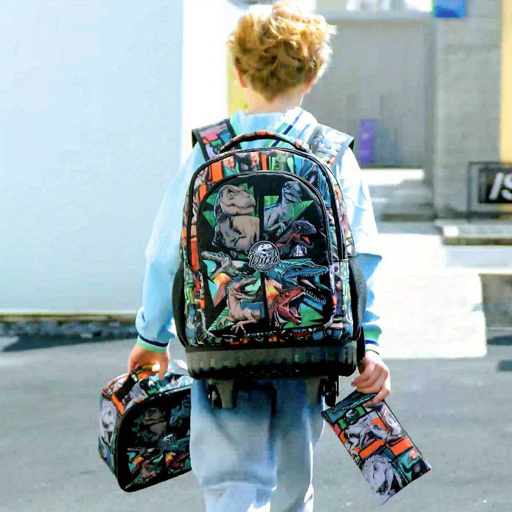 3pcs CCJPX Men's Dinosaur Backpack with Wheels - Large Capacity, Lightweight Travel Roller Bookbag for Commuting & Travel