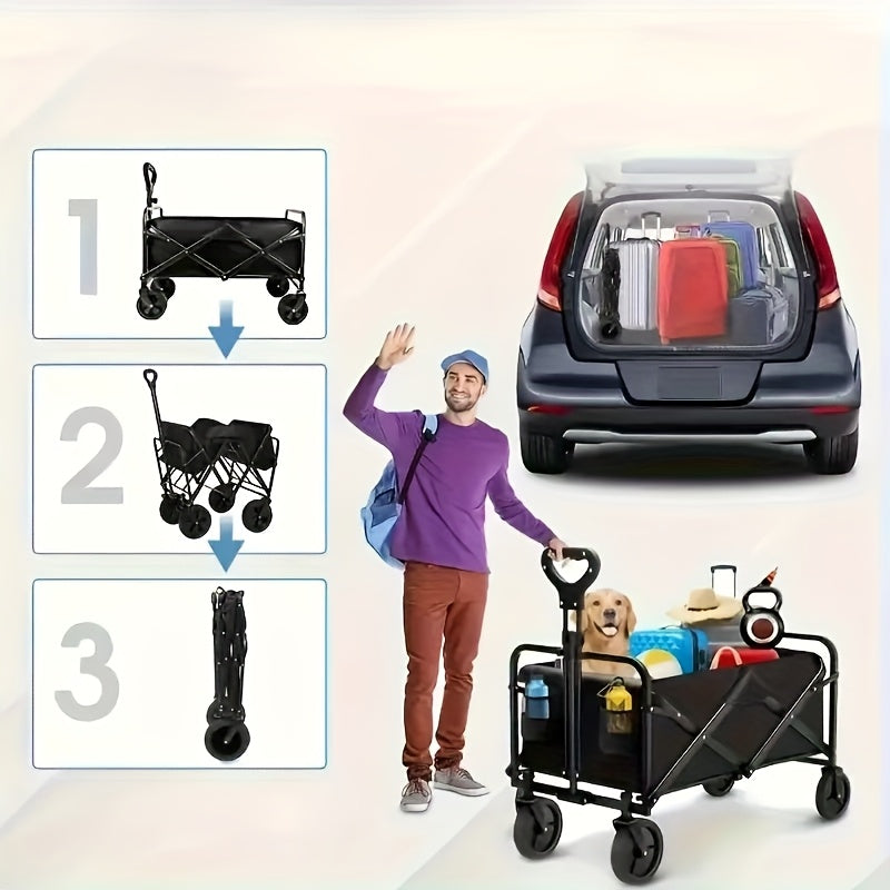 Heavy-Duty Steel Folding Cart with Large Wheels, Side Pockets, and Brakes - Perfect for Beach, Camping, and Outdoor Activities