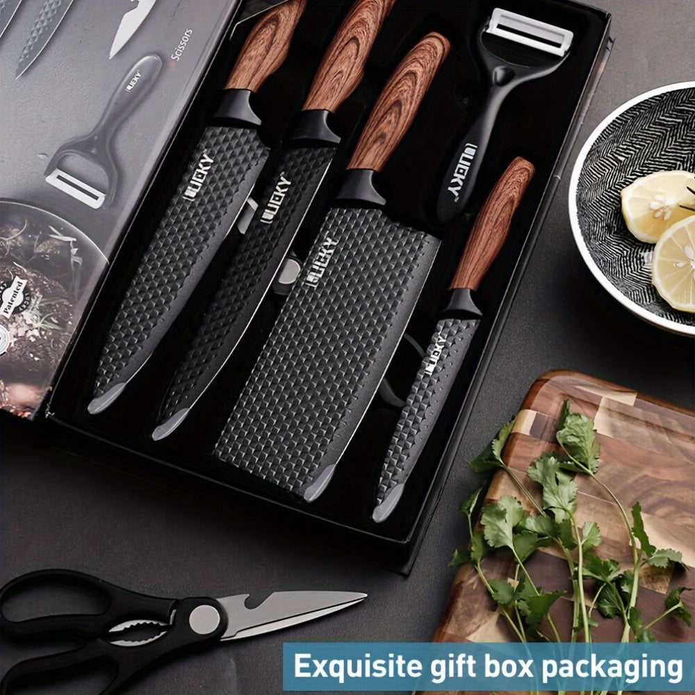 6pcs Multi-Size Kitchen Knife Set - Stainless Steel, Super Sharp, Brown Handles, Ideal for Cooking & Camping, Perfect Gift with Elegant Packaging