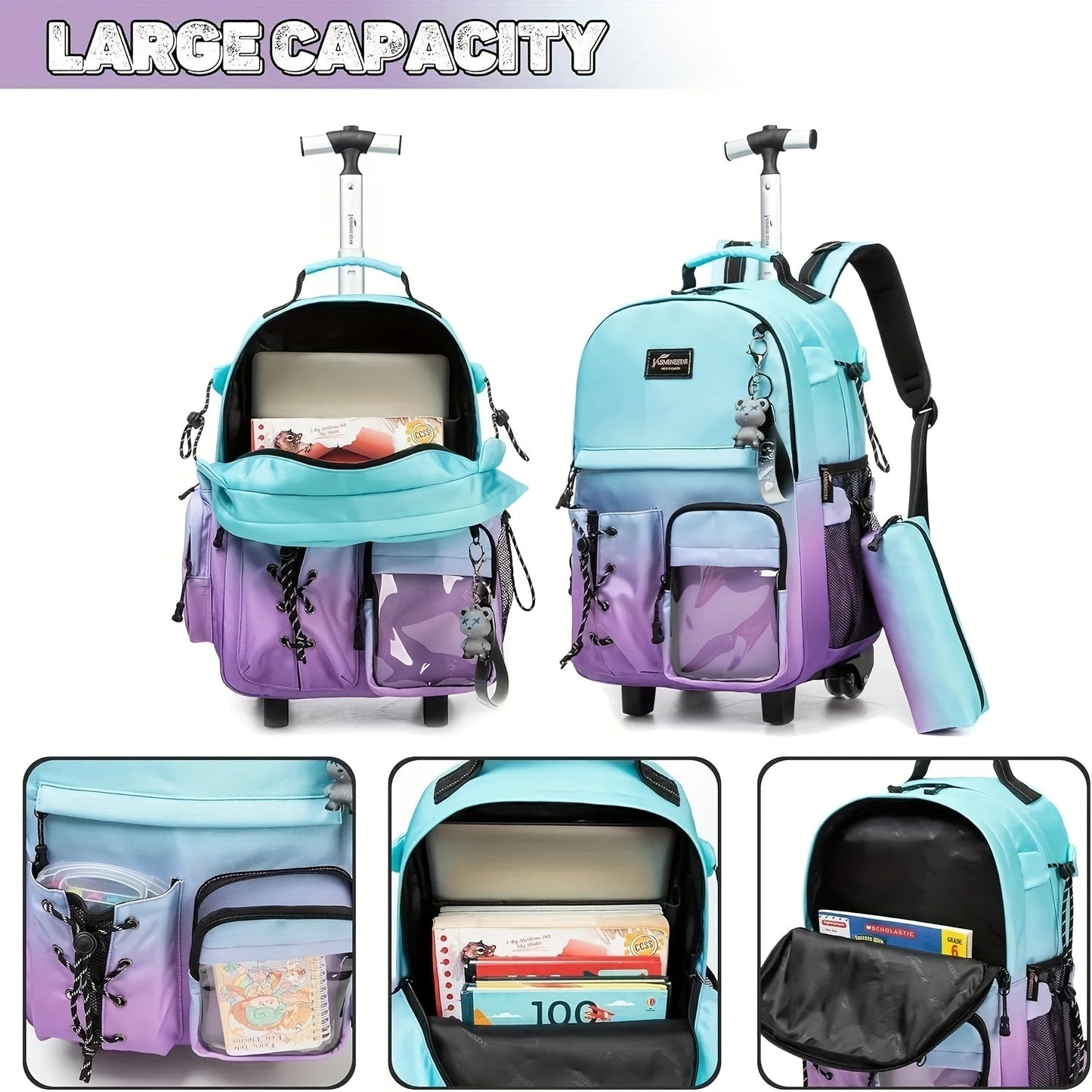 3pcs Rolling School Bags for Girls - Wheeled Backpack & Trolley Luggage