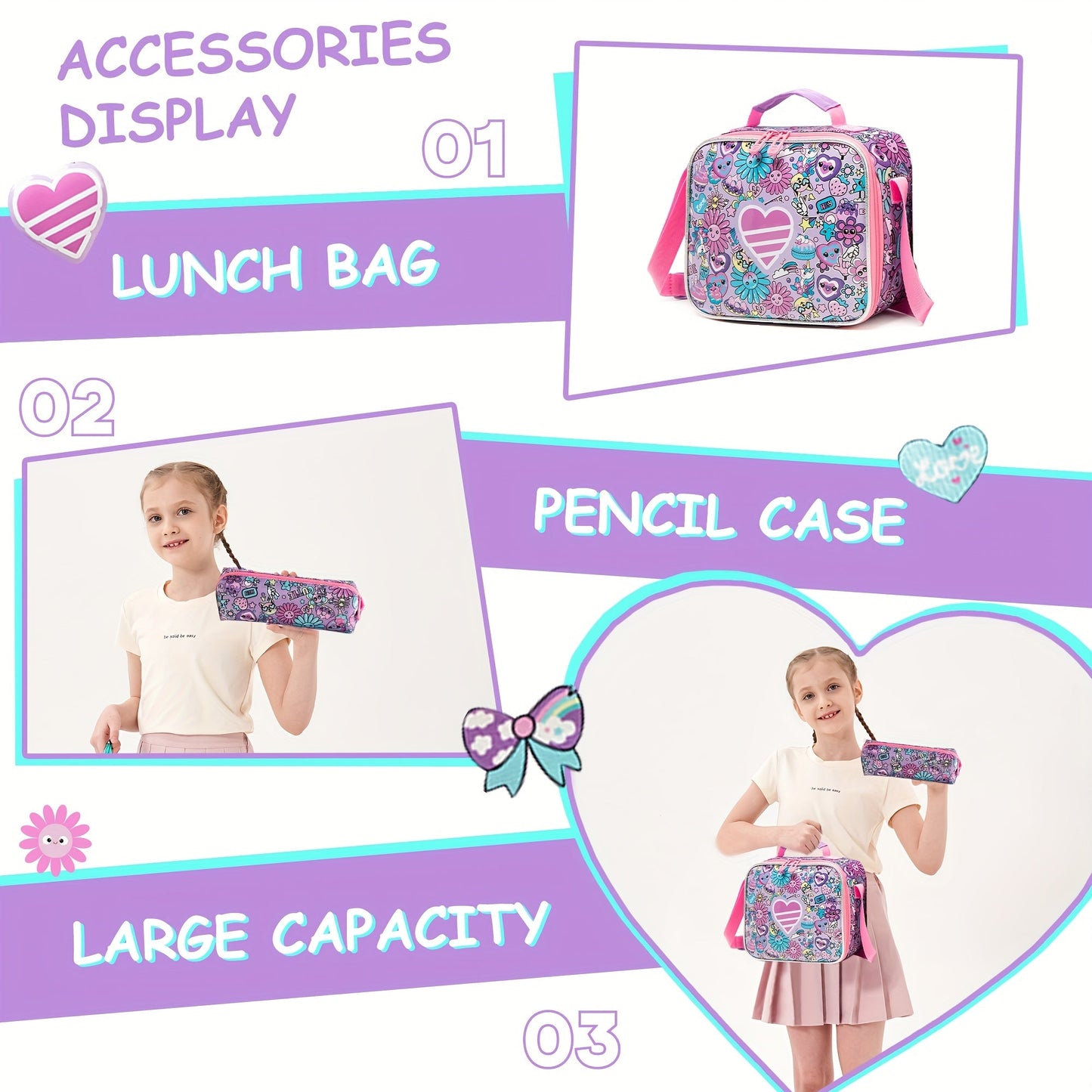 16.5" Kids Rolling Backpack Set - Wheeled Suitcase with Lunch Bag & Pencil Case for Ages 3+