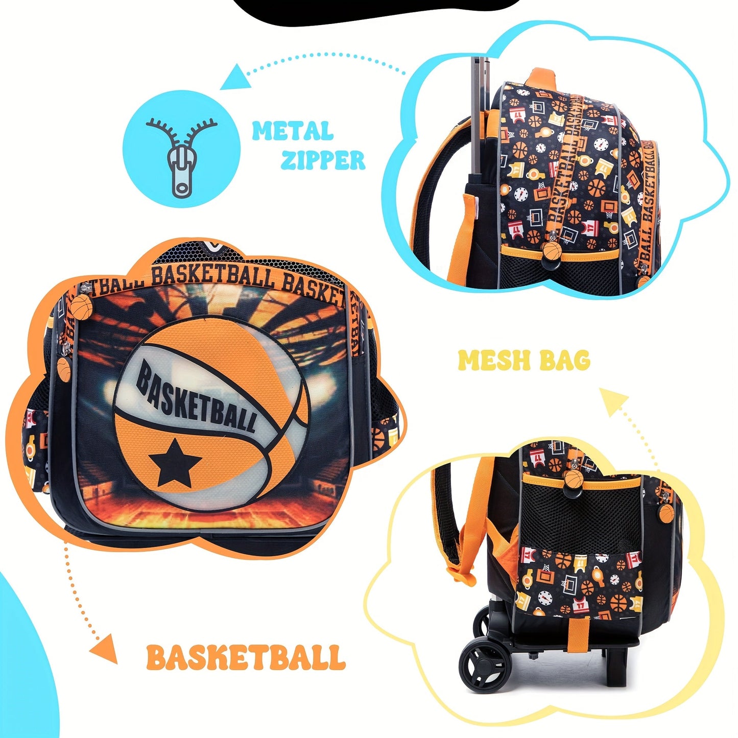 3pcs Kids Rolling Backpack Set 16.5" - Wheeled Travel Luggage for Boys