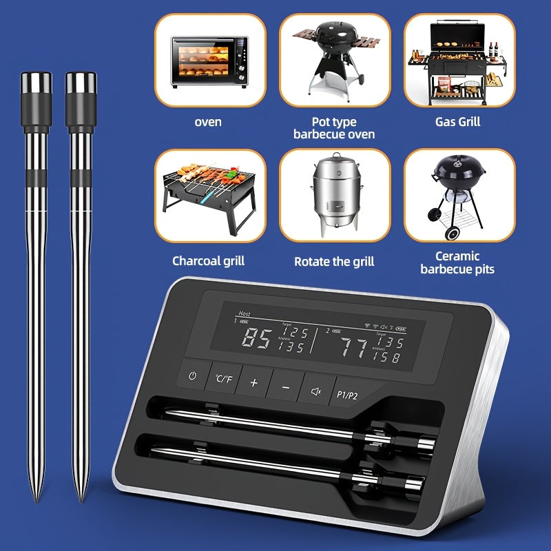 Wireless Meat Thermometer with Dual Probes and App Alerts | Long Range, Instant Read, USB Charging, Stainless Steel for BBQ, Grill, Oven, Smoker