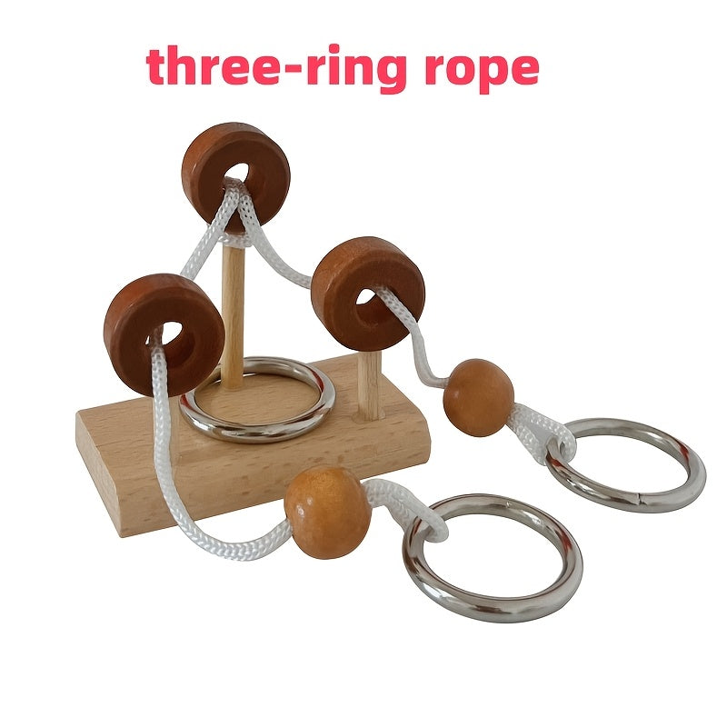 6pcs Wooden Topological Puzzle Rope Untying Game Set with Pillars and Building Blocks