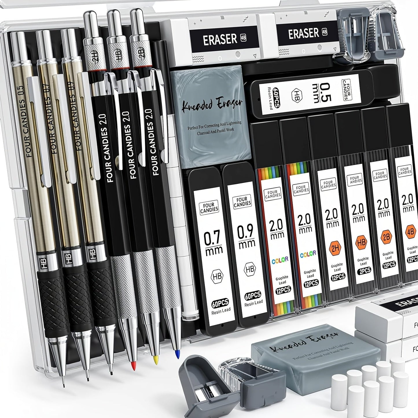Art Mechanical Pencil Set - 25pcs with Case, 0.5, 0.7, 0.9mm & 2mm Lead Holders