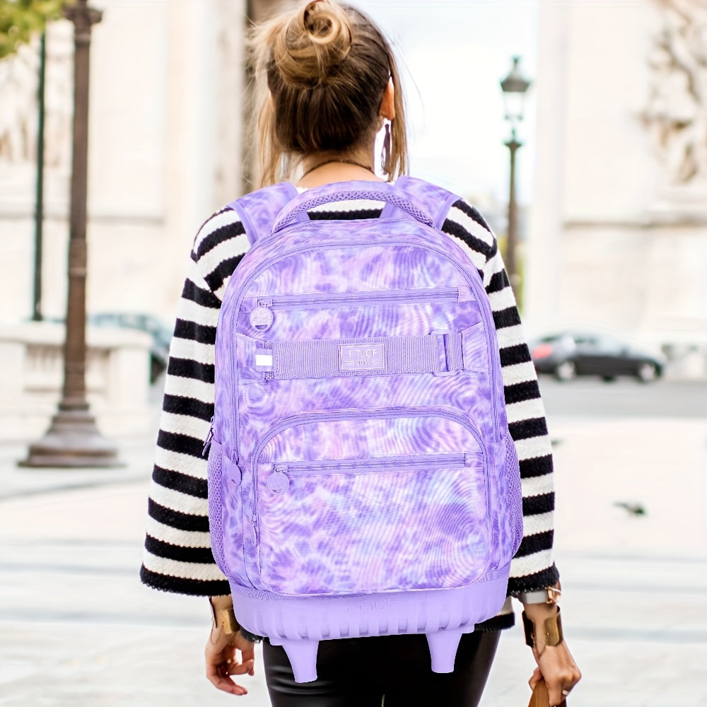 UFNDC Rolling Backpack for Girls & Women - Stylish Purple Tie-Dye Wheeled Bookbag with Lunch Bag