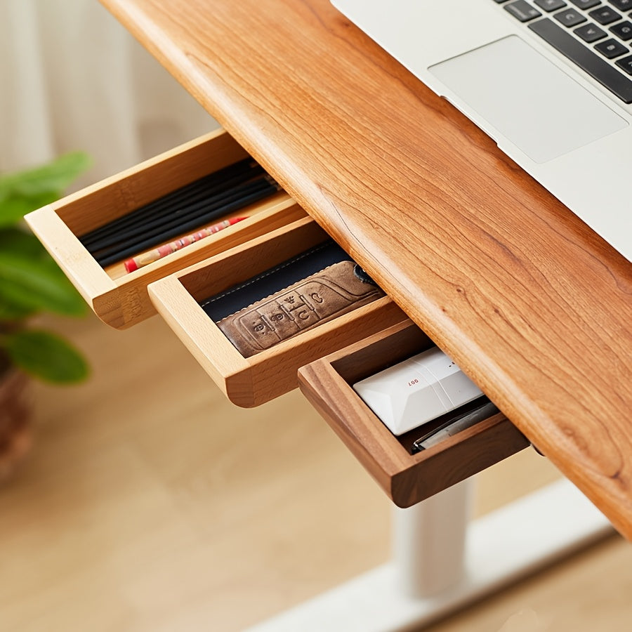 Walnut Bamboo Wood Under Desk Drawer Organizer - Self-Adhesive Slide-Out Pencil Holder