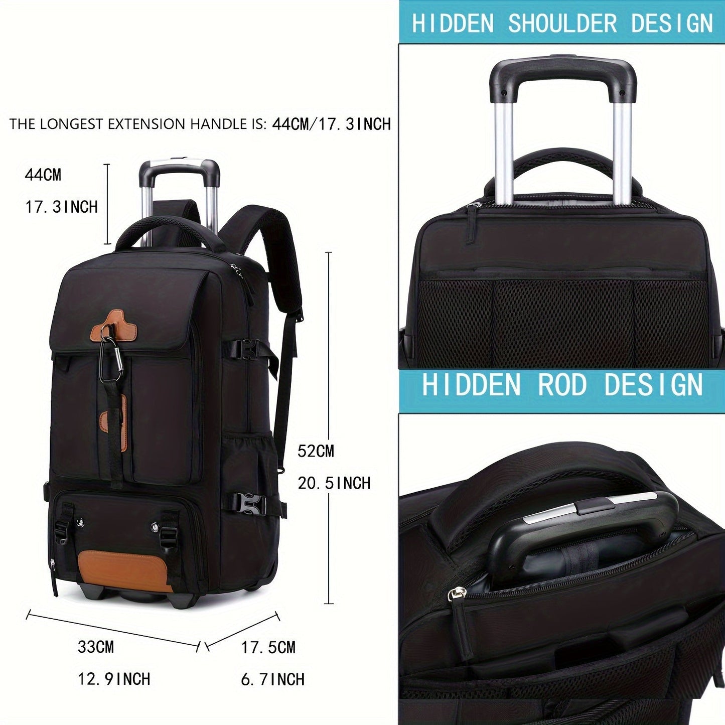 17-Inch Rolling Backpack with Wheels for Men | Beige & Black | Travel Laptop Bag with Shoe Compartment | Adjustable Straps | Multiple Pockets | School & Business