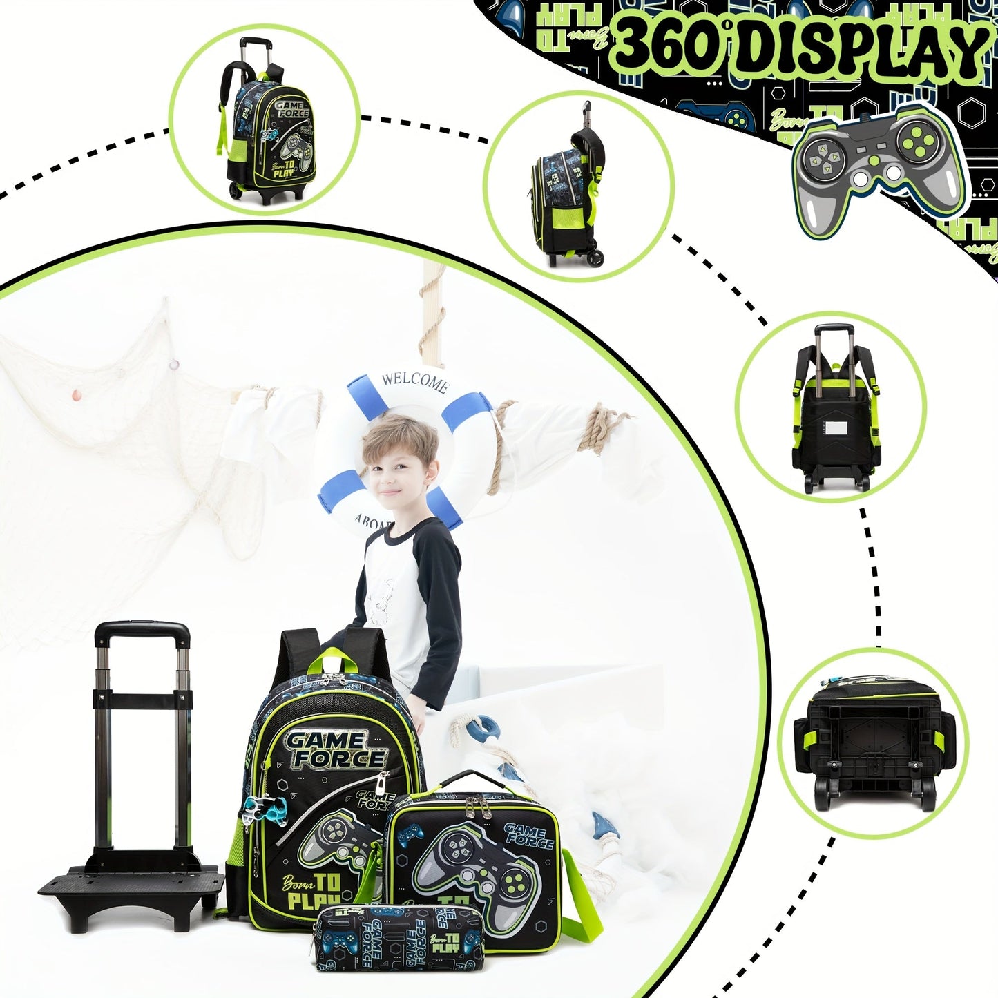 Boy's Rolling Backpack Set - 3pcs 16.5 Inch Kids Travel Luggage with Wheels for School & Travel