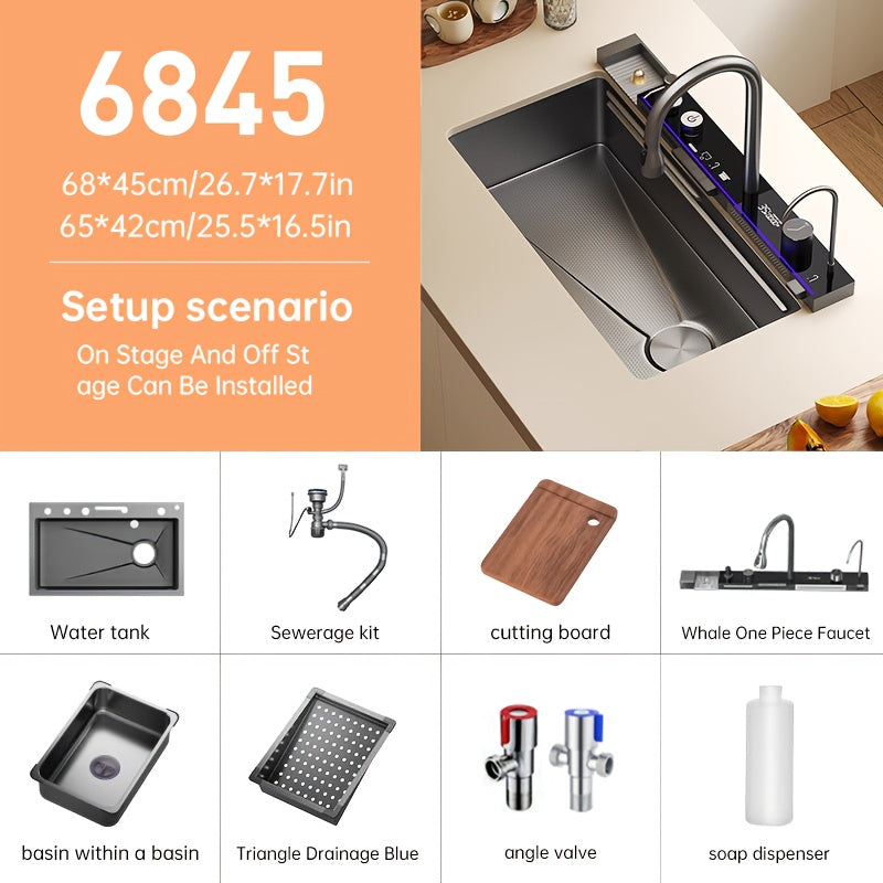 Musurjoy Black Stainless Steel Kitchen Sink with Waterfall Faucet & Accessories - 75x45 cm, Contemporary, Freestanding