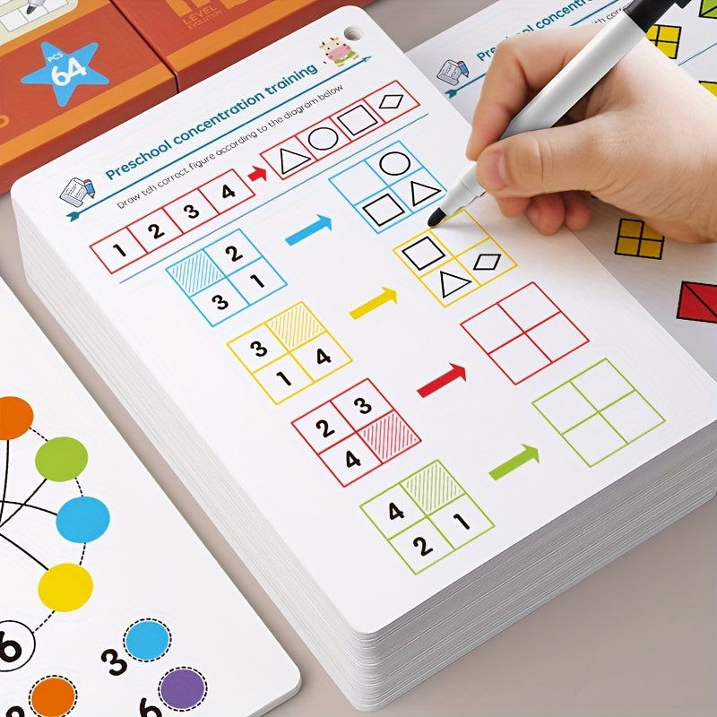 64-Page Reusable Kids Tracing Cards with Dry Erase Marker – Enhance Preschool Skills