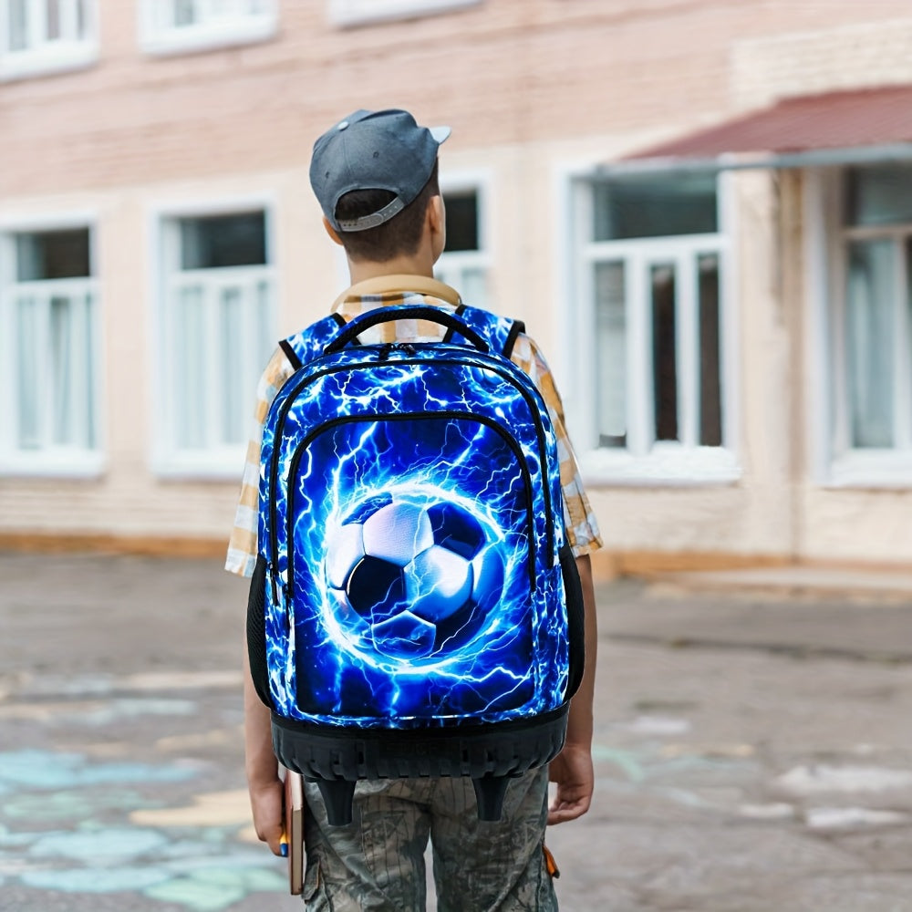3pcs Boys' Rolling Backpack with Wheels - Cartoon Football Design, Adjustable Straps | Perfect for School & Kindergarten