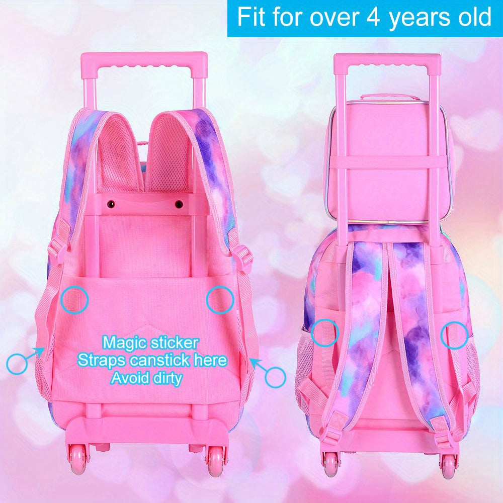 3pcs Rolling Foldable Lightweight Backpack for Girls - Kids Roller Wheeled Bookbag with Lunch Box - Pink Cat Design