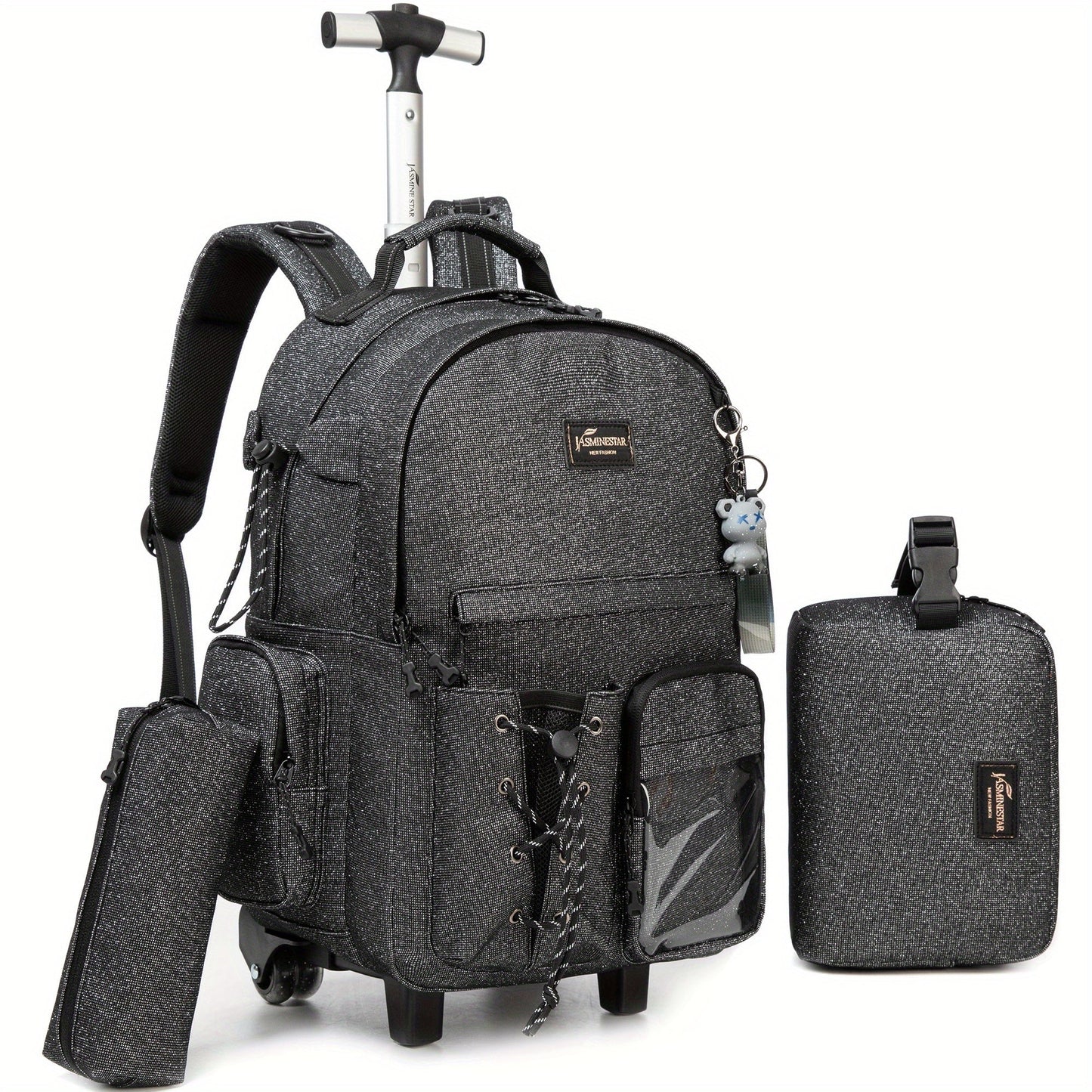3pcs Boys' Rolling School Backpack with Lunch Box & Pencil Case - Durable 17.3 Inch Trolley Bag, Adjustable Straps, In-Line Wheels, Stylish Travel Essentials