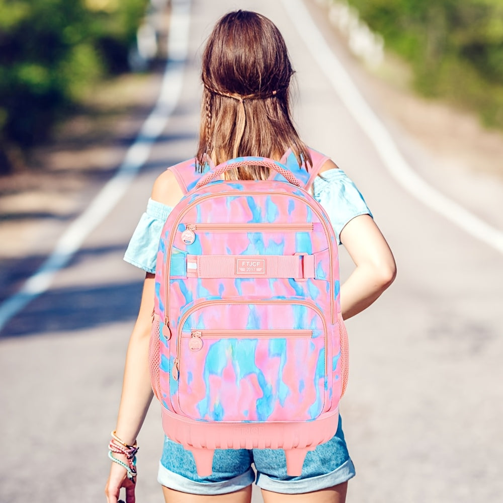 UFNDC Rolling Backpack for Girls & Women - Stylish Purple Tie-Dye Wheeled Bookbag with Lunch Bag