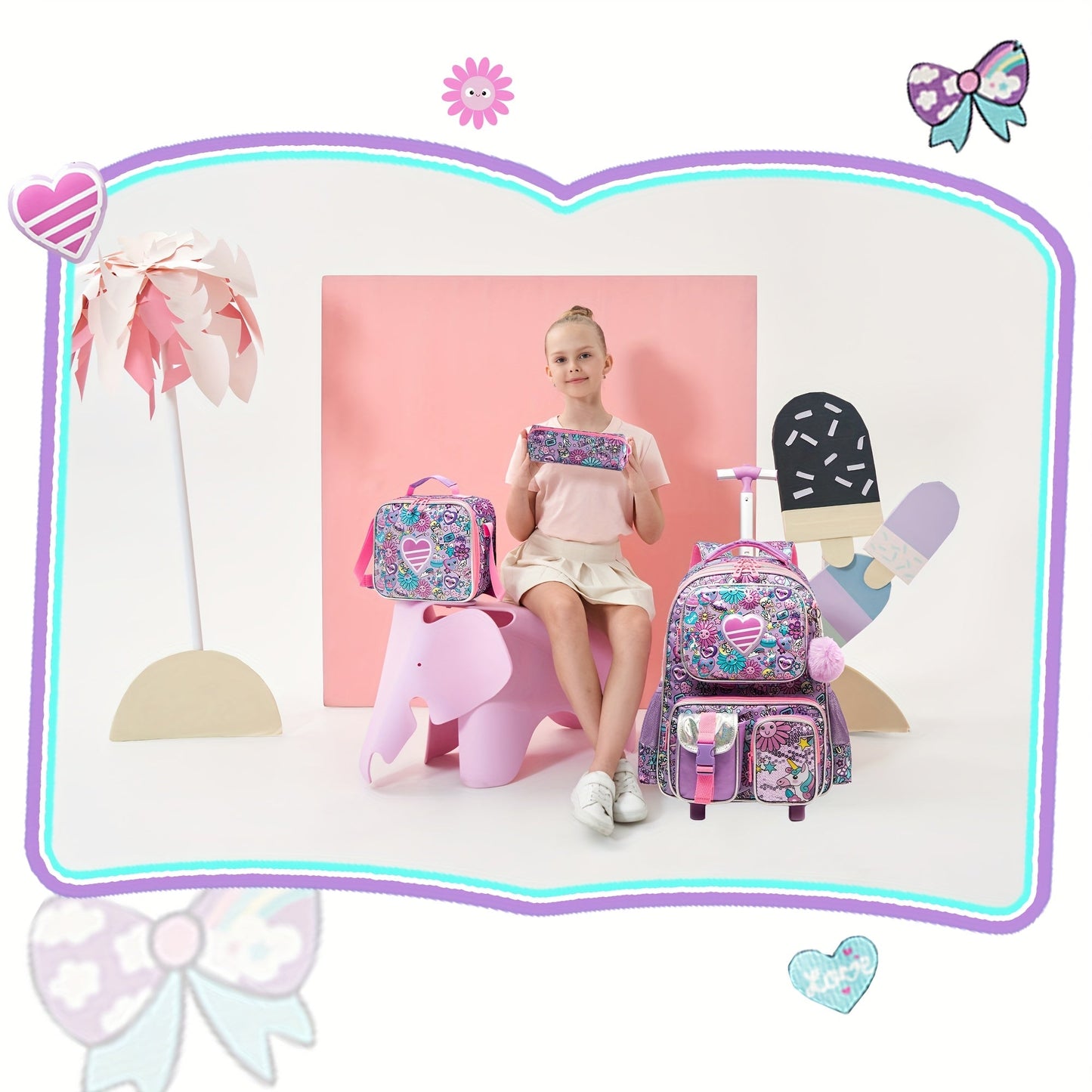 16.5" Kids Rolling Backpack Set - Wheeled Suitcase with Lunch Bag & Pencil Case for Ages 3+