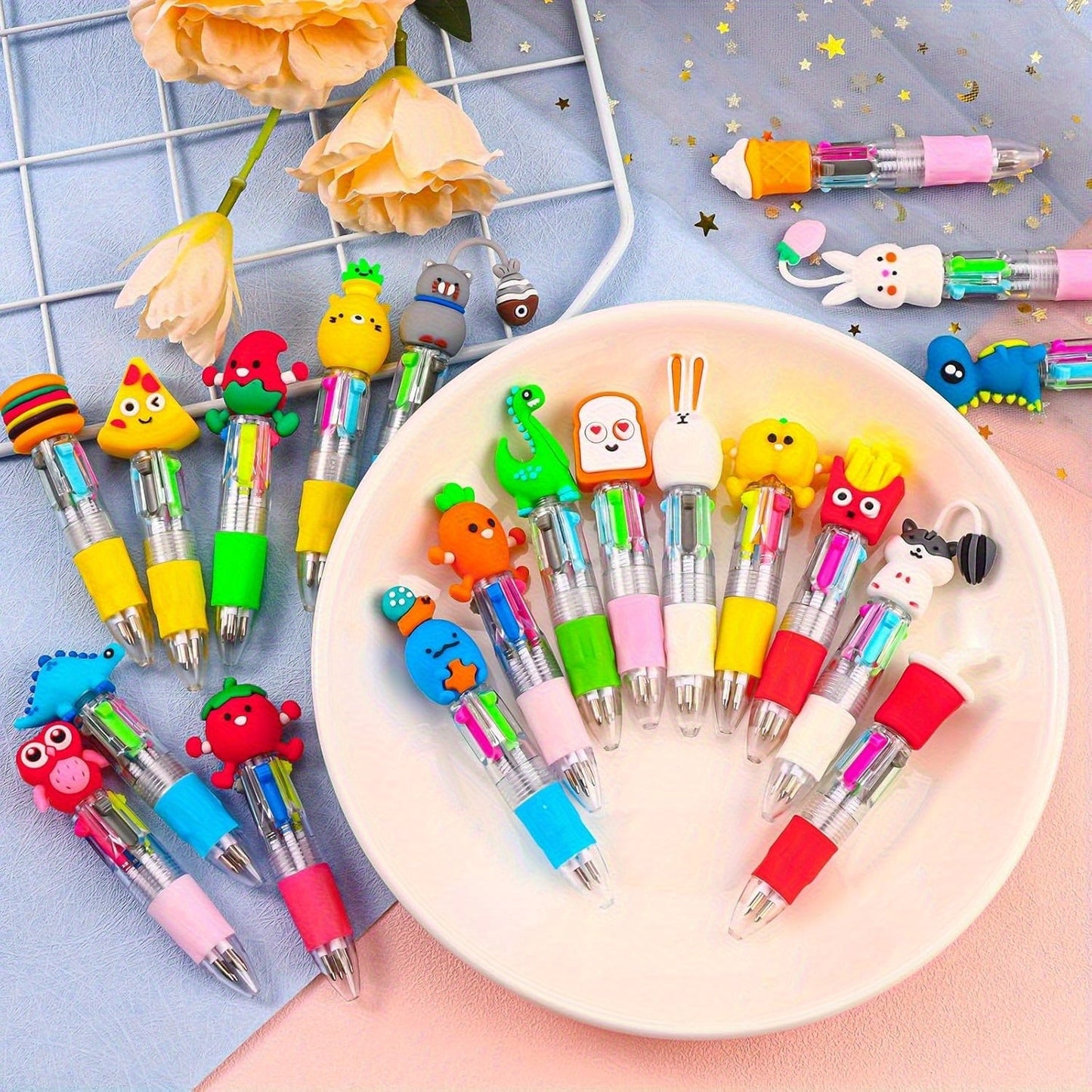 25pcs Four-Color Ballpoint Pens - Vibrant Inks, Fun Patterns, Perfect for Gifts & Classroom Use