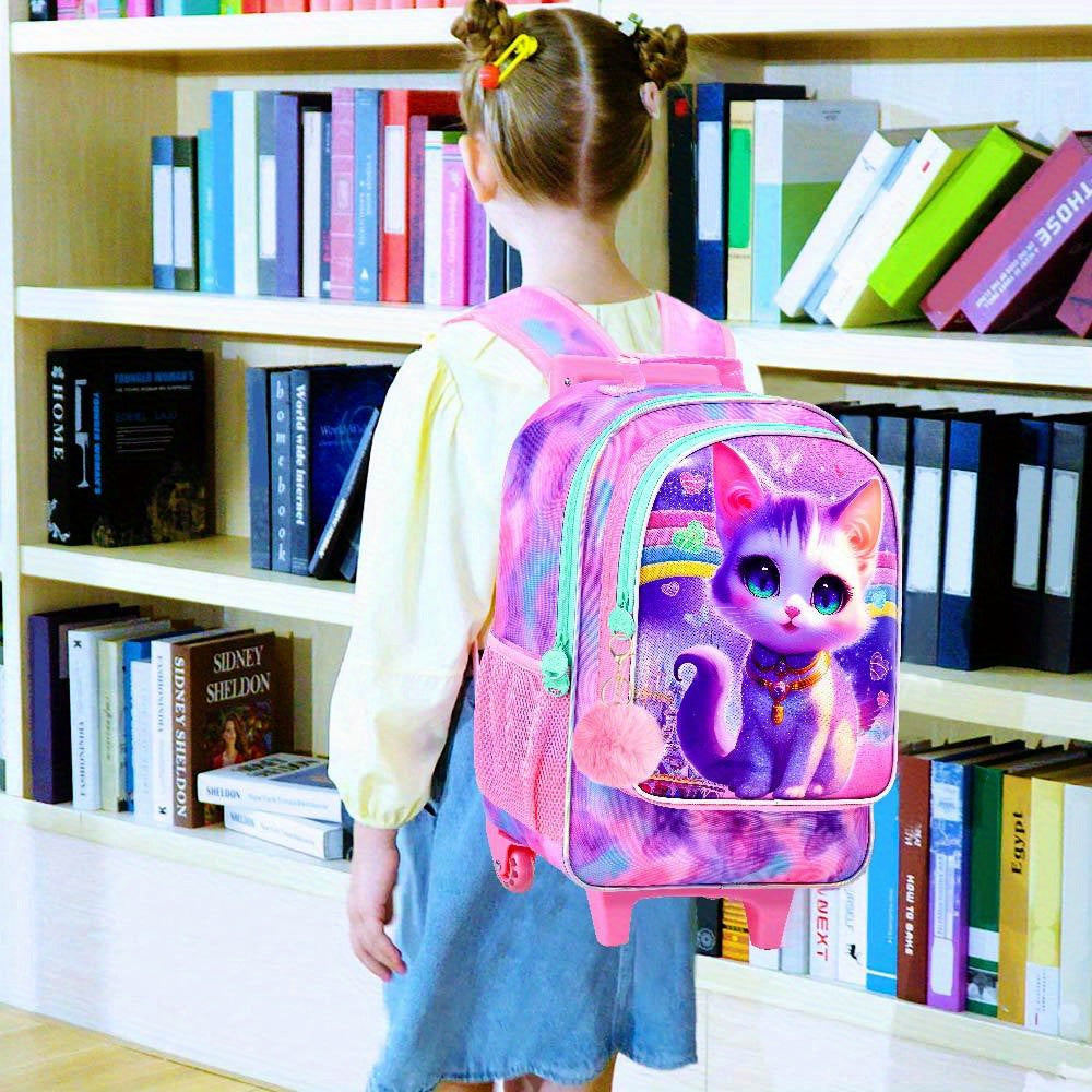 3pcs Rolling Foldable Lightweight Backpack for Girls - Kids Roller Wheeled Bookbag with Lunch Box - Pink Cat Design