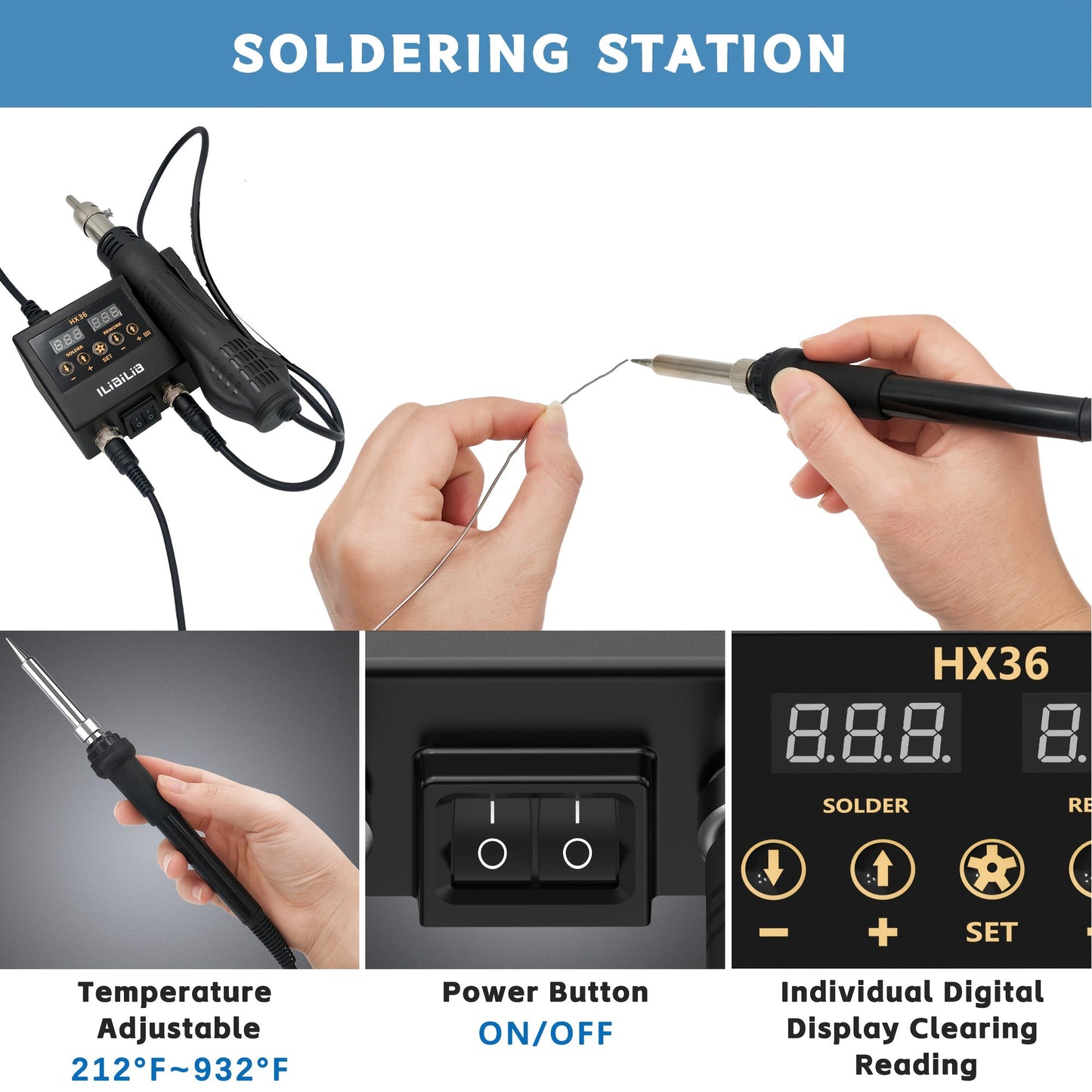 2-in-1 Soldering Station with 60W Iron & 600W Hot Air, LED Display