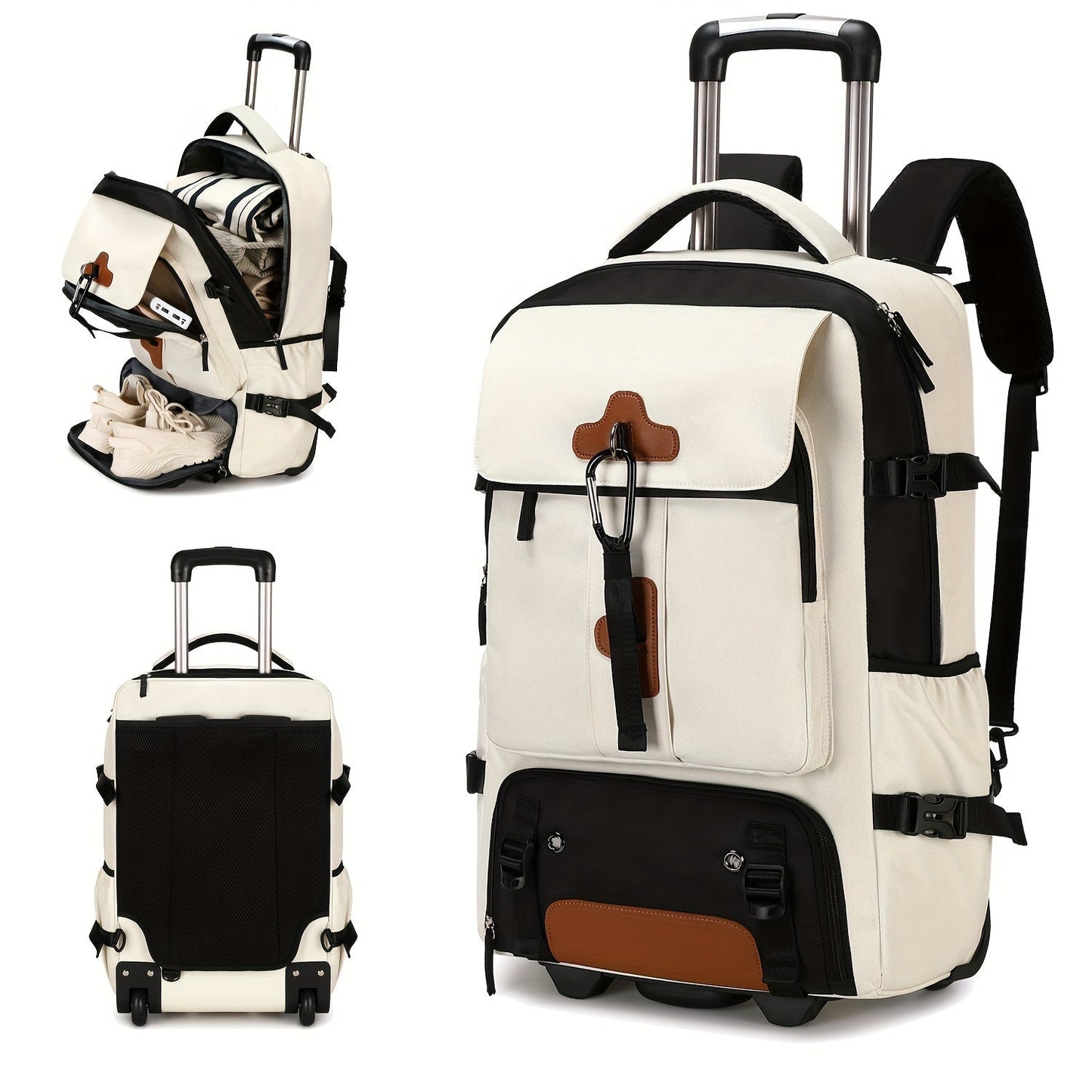 17-Inch Rolling Backpack with Wheels for Men | Beige & Black | Travel Laptop Bag with Shoe Compartment | Adjustable Straps | Multiple Pockets | School & Business