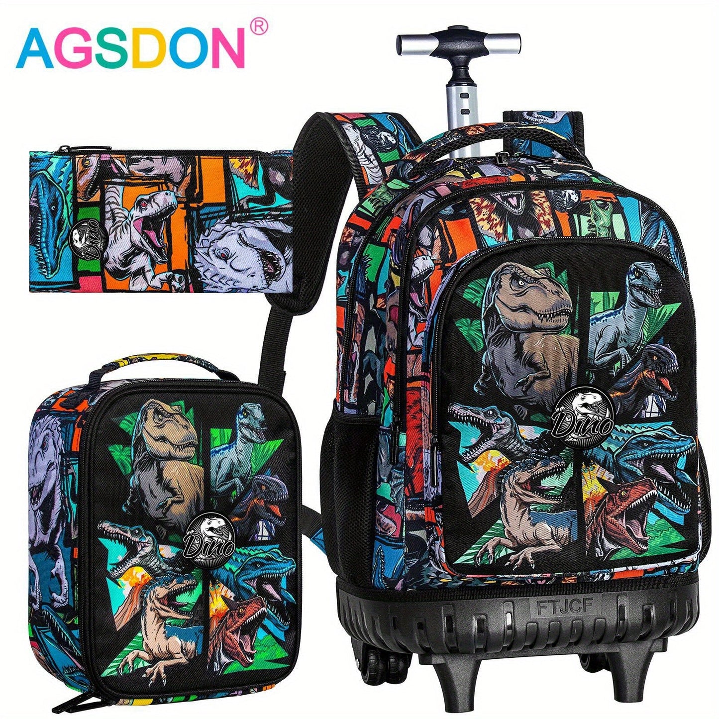 3pcs Rolling Backpack for Boys with Wheels - Black Dinosaur Design