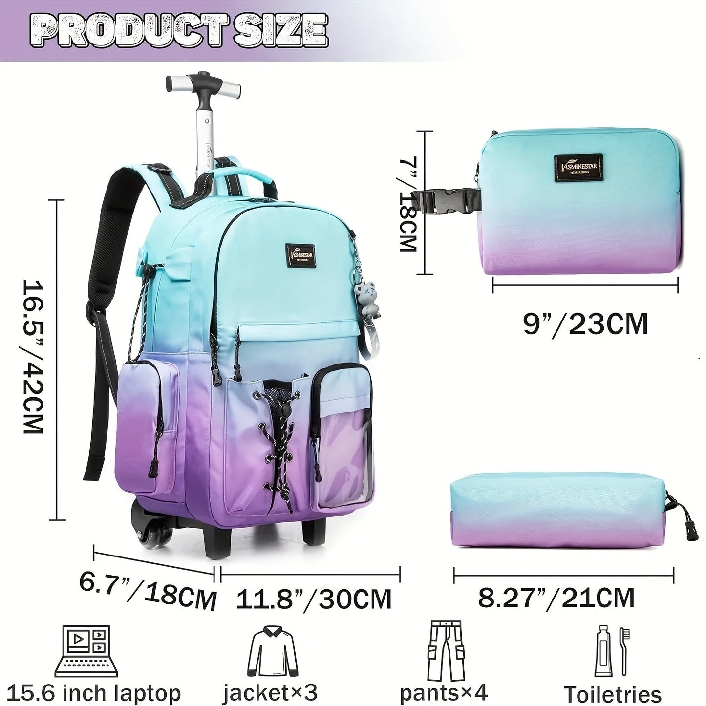 3pcs Rolling School Bags for Girls - Wheeled Backpack & Trolley Luggage
