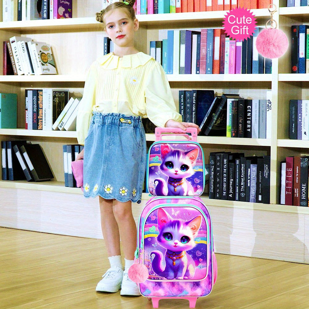 3pcs Rolling Foldable Lightweight Backpack for Girls - Kids Roller Wheeled Bookbag with Lunch Box - Pink Cat Design