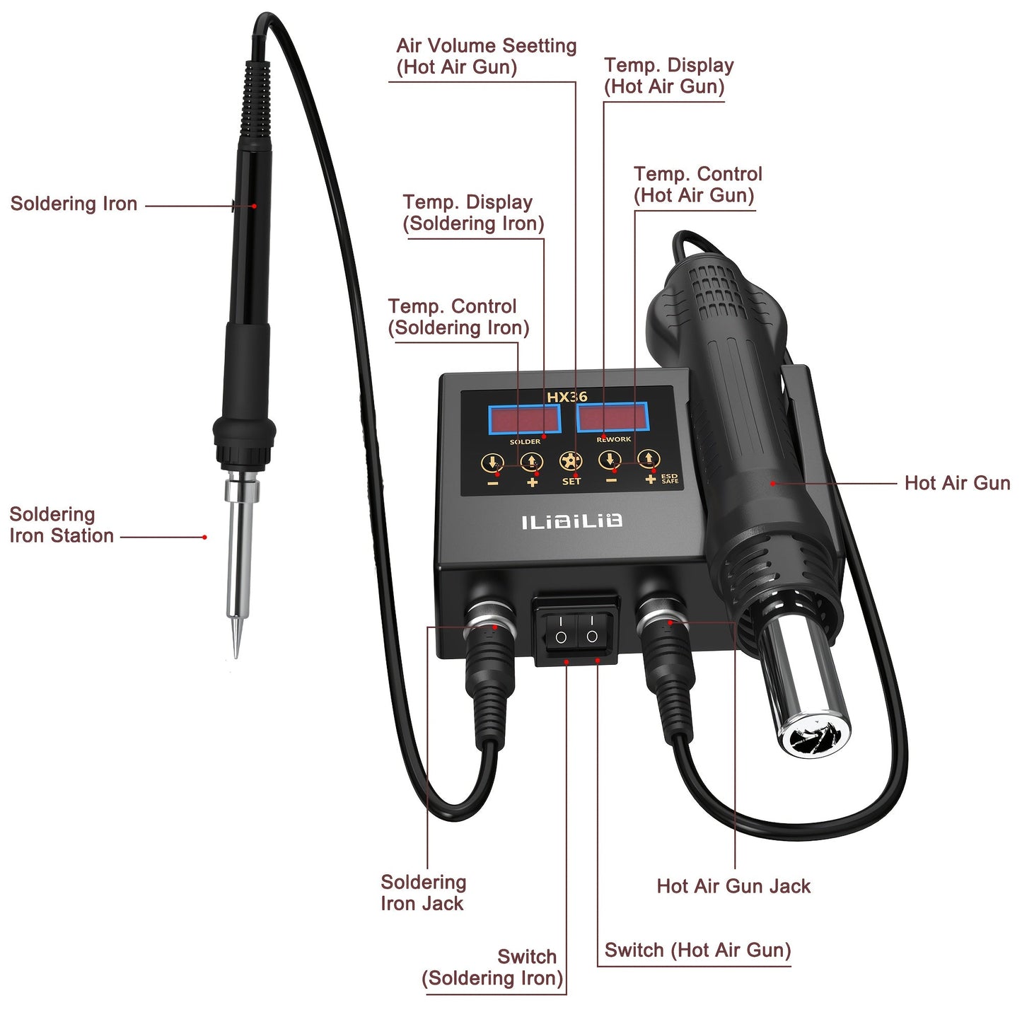 2-in-1 Soldering Station with 60W Iron & 600W Hot Air, LED Display