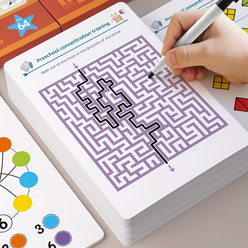 64-Page Reusable Kids Tracing Cards with Dry Erase Marker – Enhance Preschool Skills