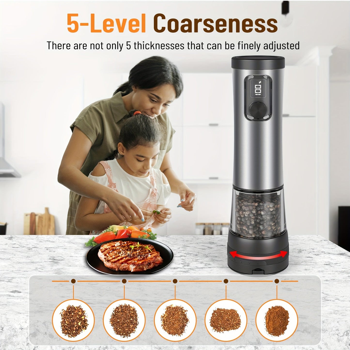 Stainless Steel Electric Pepper Salt Grinder Set with LED, USB Charging