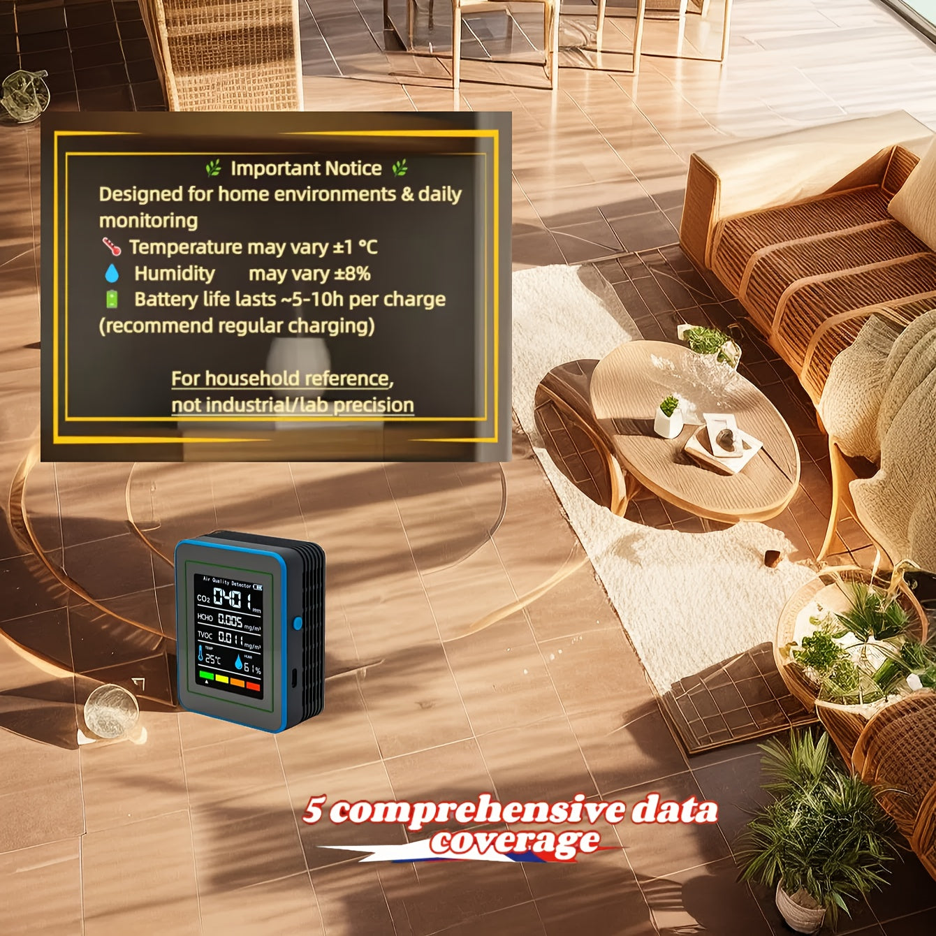 5-in-1 Portable Air Quality Monitor | Formaldehyde & CO2 Detector | Indoor Air Analyzer with Real-Time Data & Alarms