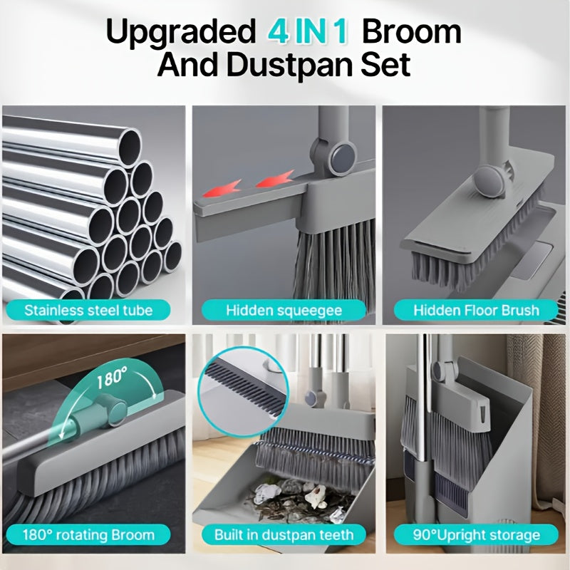 4-In-1 Foldable Broom And Dustpan Set - Compact Design for Easy Home Cleaning