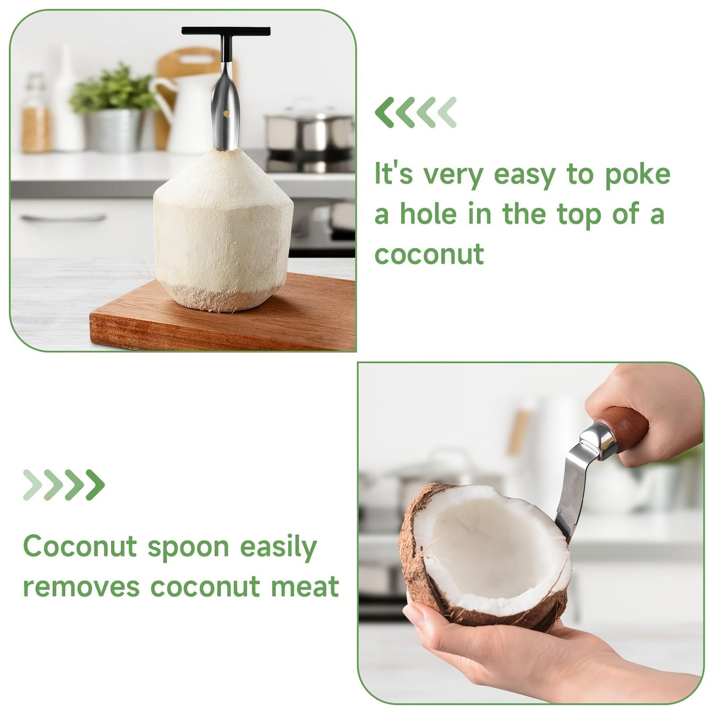 Coconut Opener Tool Set - Stainless Steel Coconut Scraper & Punch with Wooden Handle