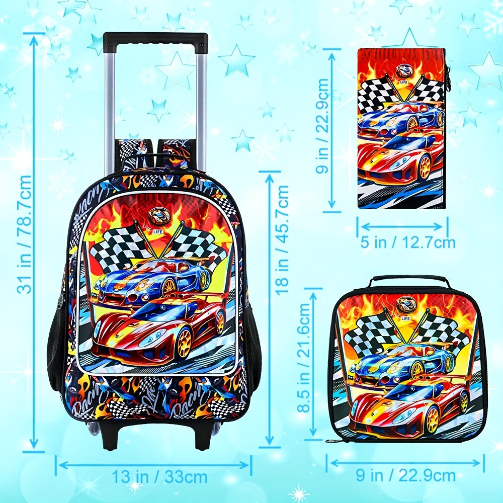 3pcs Car Rolling Bookbag for Boys, Kids School Backpack with Wheels, Polyester, Lightweight, Sports Style