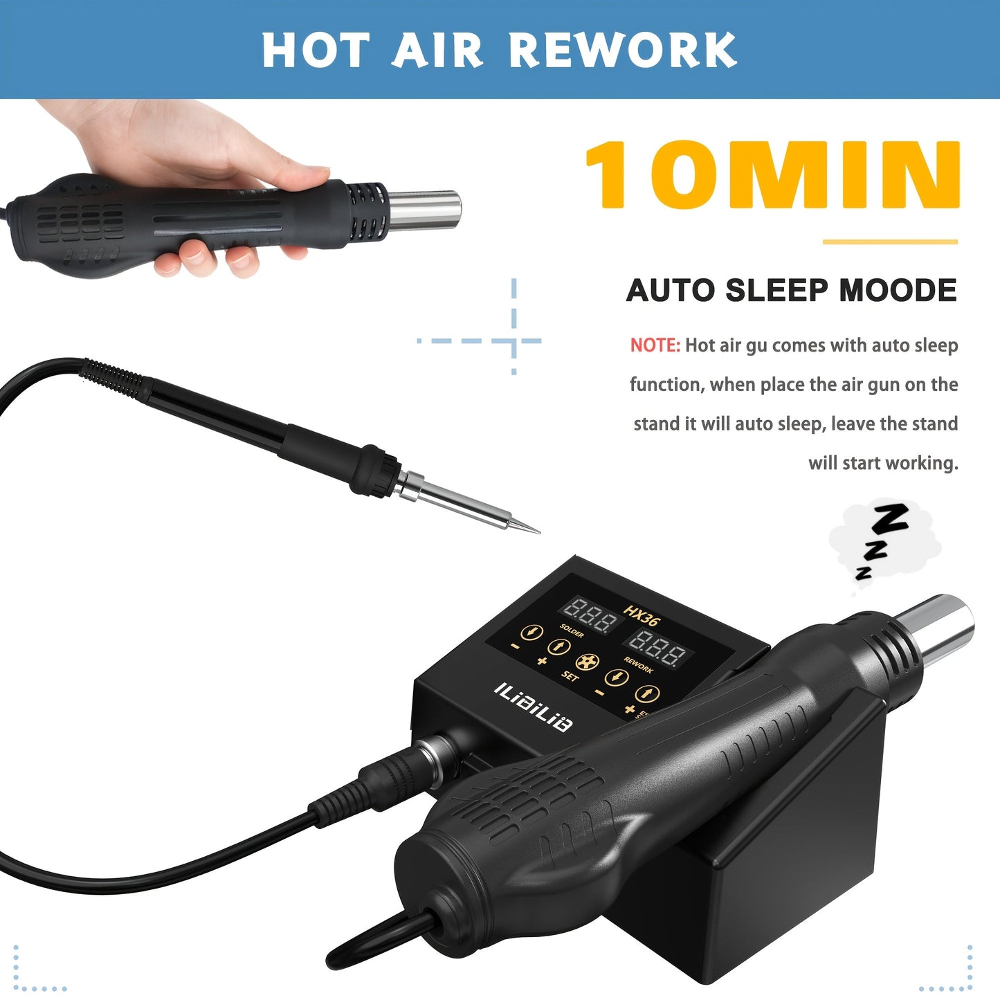2-in-1 Soldering Station with 60W Iron & 600W Hot Air, LED Display