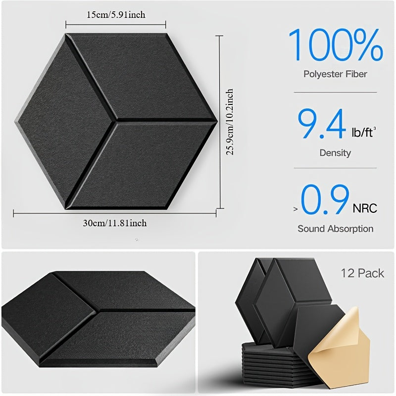 12pcs Self-Adhesive Acoustic Panels - High Density Soundproof Foam, Flame Resistant, Noise Absorbing & Echo Eliminating (Black/Dark Gray/White)