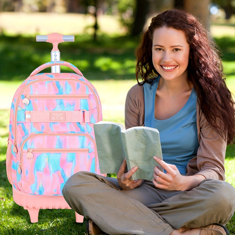 UFNDC Rolling Backpack for Girls & Women - Stylish Purple Tie-Dye Wheeled Bookbag with Lunch Bag