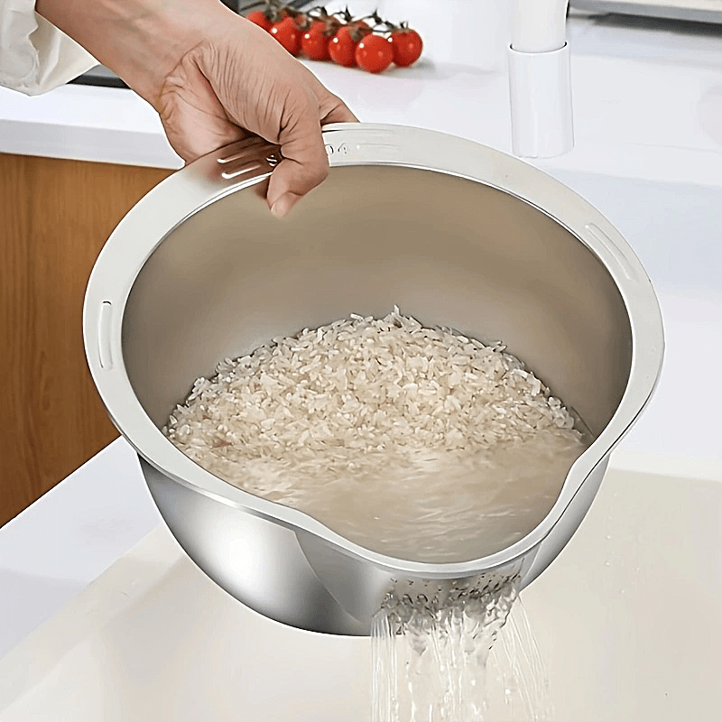 Premium 304 Stainless Steel Colander - Food-Safe Rice & Vegetable Washing Basin with Efficient Drain Basket